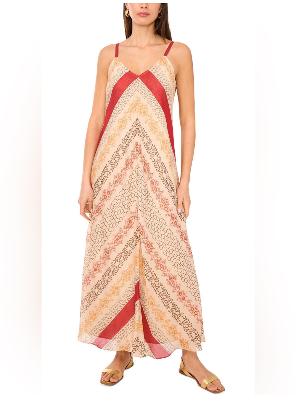 Vince Camuto Boho Sleeveless Cream Maxi Dress with Red Accents Classic Chic